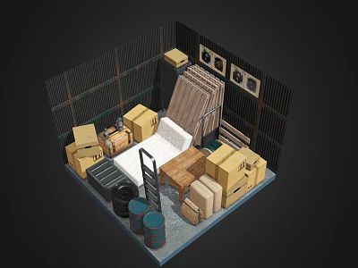 Storage Room Interior With Multiple Boxes Bed Wooden Planks Barrels And Wall Frames 3d model