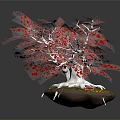 Vibrant Red Plant with White Branches and Green Base on Dark Background