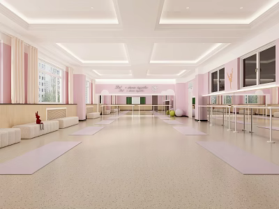 Spacious Pink Dance Studio With Mirrors Barres And Yoga Mats For Fitness Training 3d model
