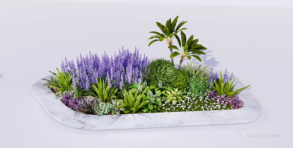 Marble Flower Planter With Purple Flowers Green Shrubs And Palm Leaves 3d model 