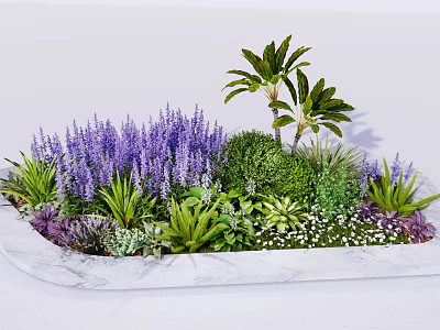 Marble Flower Planter With Purple Flowers Green Shrubs And Palm Leaves 3d model