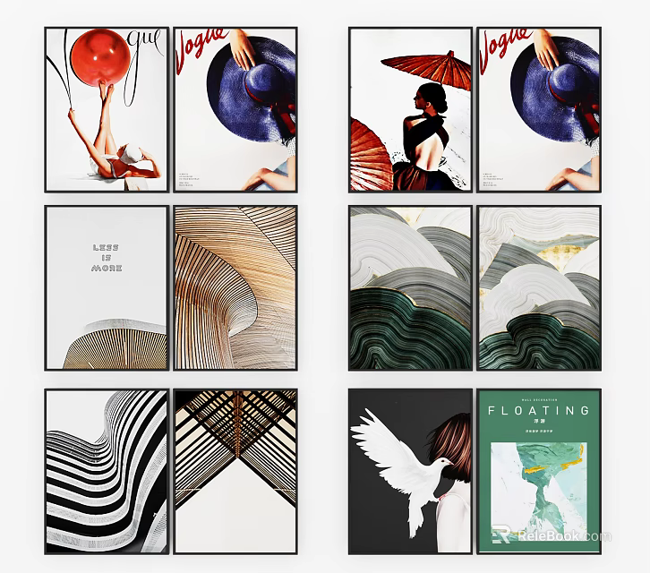 Abstract Paintings Showcasing Red Balloon Black Umbrella Figure Silhouette Wavy Lines And Geometric Patterns 3d model 