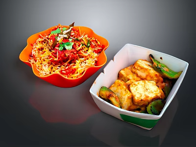 Orange Bowl Of Spicy Rice With White Paper Box Tandoori Tofu And Green Peppers 3d model