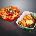 Orange Bowl Of Spicy Rice With White Paper Box Tandoori Tofu And Green Peppers
