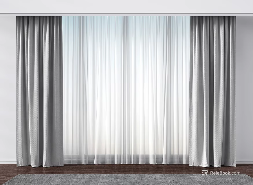 Gray Thick Curtains With White Sheer Panels For Modern Window Interior 3d model 