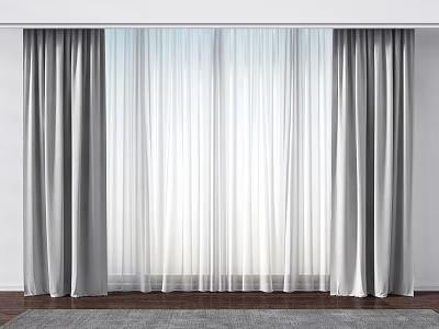 Gray Thick Curtains With White Sheer Panels For Modern Window Interior 3d model