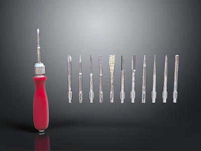 Red Handle Screwdriver With Various Types Of Screwdriver Bits Displayed 3d model