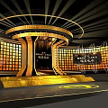 Gold And Black Round Stage Design With Bright Lighting And Display Screens