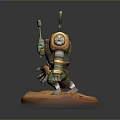 Game Character 3D Model With Green Orange Armor Mechanical Shoulders Rocky Base And Glowing Eyes