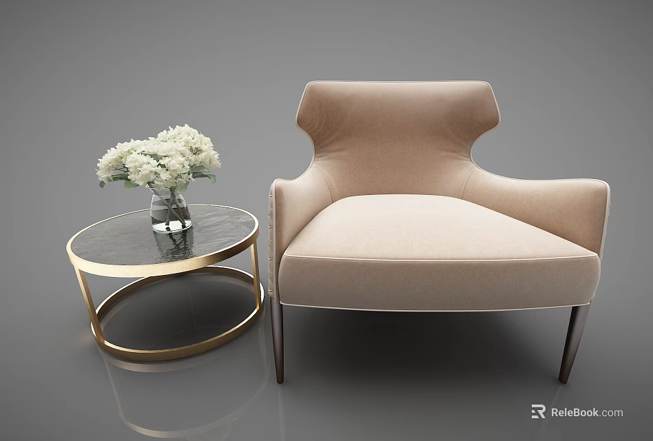 Modern Beige Single Sofa with Round Side Table and White Flower Vase 3d model