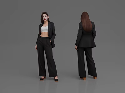 Woman Wearing Black Blazer White Crop Top Wide Leg Pants High Heels Front Back Views 3d model