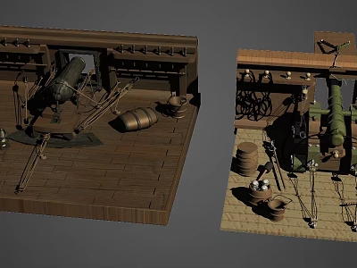 Detailed Vintage Wooden Platform With Metal Structures Barrels And Mechanical Parts 3d model