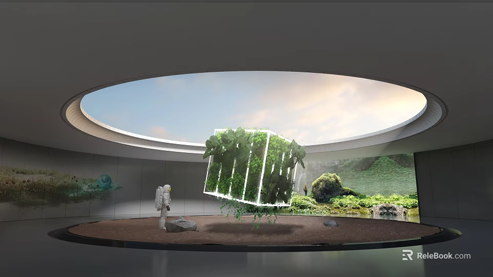 Cultural Center Interior Design With Circular Skylight And Green Plant Cube 3d model 