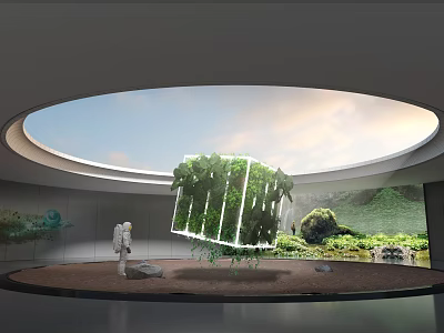 Cultural Center Interior Design With Circular Skylight And Green Plant Cube 3d model