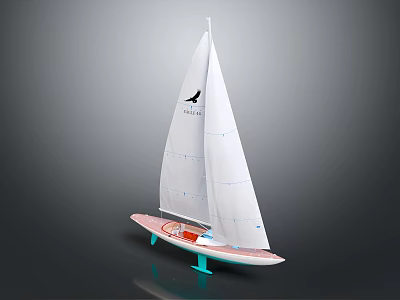 Classic Model Sailboat Featuring White Sails Red Hull Blue Stand And Black Logo 3d model
