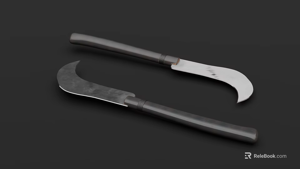 Two Curved Bladed Weapons With Dark Wooden Handles And Sharp Edges 3d model 