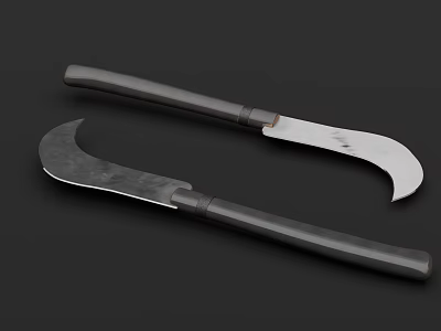 Two Curved Bladed Weapons With Dark Wooden Handles And Sharp Edges 3d model