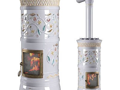 Decorative White Ceramic Fireplace with Intricate Floral Ornaments and Flames 3d model
