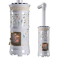 Decorative White Ceramic Fireplace with Intricate Floral Ornaments and Flames