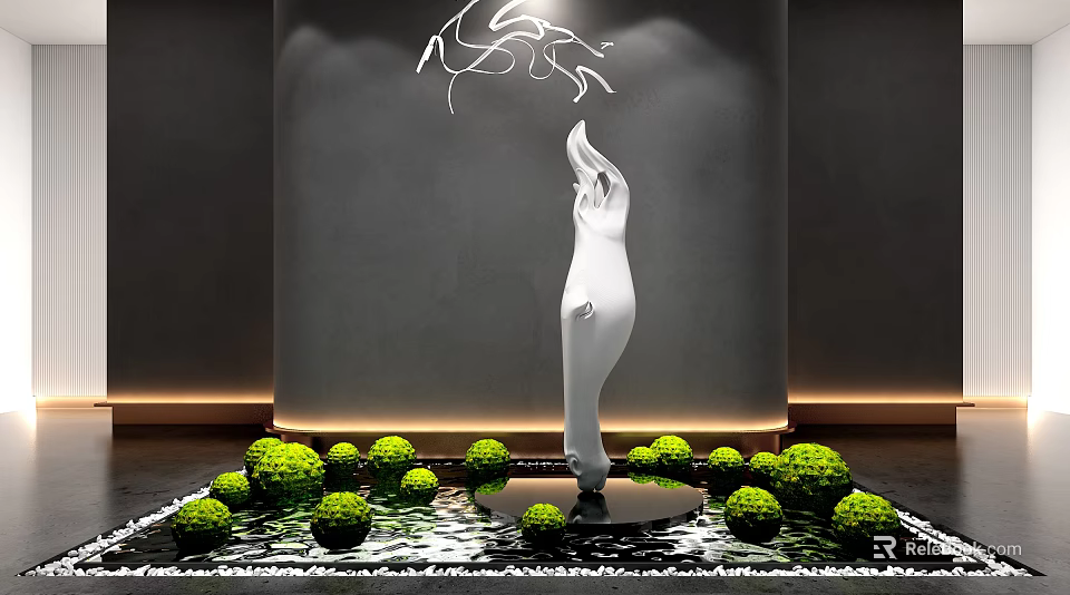 Stylish White Human Sculpture With Green Bushes Grey Wall And Hanging Decorative Lines 3d model 