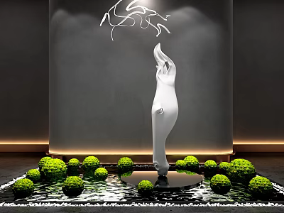 Stylish White Human Sculpture With Green Bushes Grey Wall And Hanging Decorative Lines 3d model