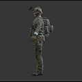 Military Soldier Character In Camouflage Uniform With Tactical Gear Three Quarter Back Front Views