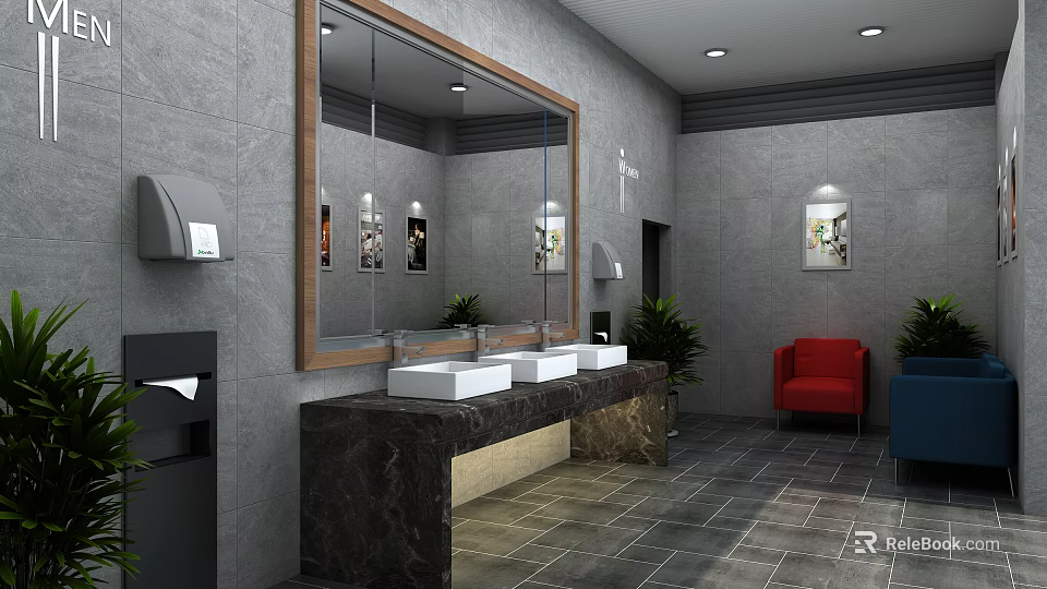 Hotel Bathroom Interior With Double Vanity Marble Countertop Large Mirror Gray Tile Walls Red Chair 3d model 