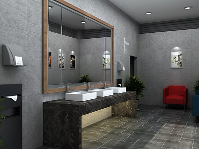 Hotel Bathroom Interior With Double Vanity Marble Countertop Large Mirror Gray Tile Walls Red Chair 3d model