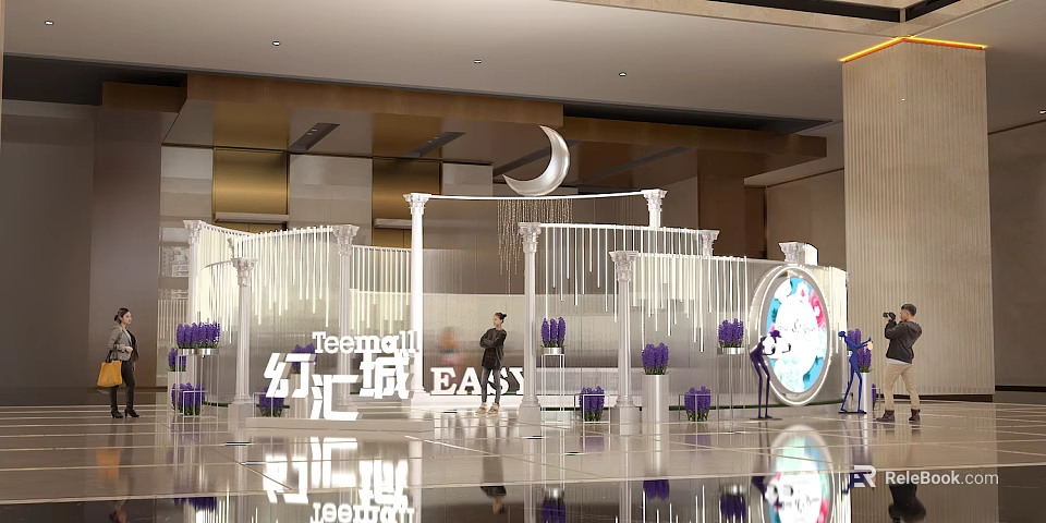 Teemall Easy Exhibition Space With White Decorative Structure Crescent Moon And Purple Flowers 3d model 
