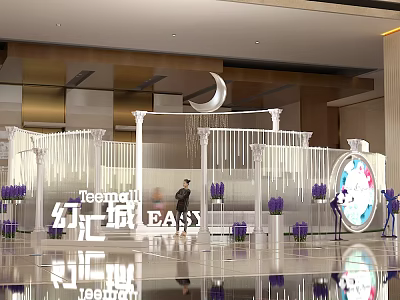Teemall Easy Exhibition Space With White Decorative Structure Crescent Moon And Purple Flowers 3d model