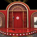 Red Stage Setup Featuring Arched Door Microphone Lights Bulb Decorations And Old Photo Windows
