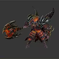 Horned Demon Warrior Creature With Black Red Spiked Armor And Giant Flame Axe