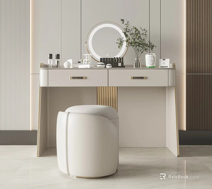 Modern Dressing Table with Round Mirror White Stool Potted Plant and Cosmetics on Sleek Surface 3d model 
