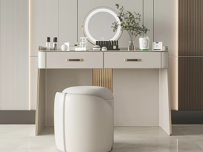 Modern Dressing Table with Round Mirror White Stool Potted Plant and Cosmetics on Sleek Surface 3d model
