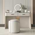 Modern Dressing Table with Round Mirror White Stool Potted Plant and Cosmetics on Sleek Surface