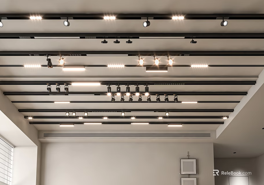 Modern Interior Ceiling With Linear Arranged Downlights And Spotlights For Bright Lighting 3d model 