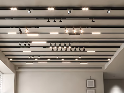 Modern Interior Ceiling With Linear Arranged Downlights And Spotlights For Bright Lighting 3d model