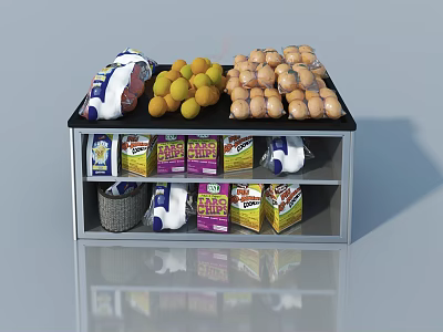 Display Shelf with Yellow Fruits Eggs Packaged Goods and Boxed Snacks Arrangement 3d model