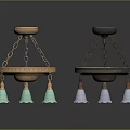 Vintage Style Furniture Chandeliers With Metal Chains Round Bases And Green White Lampshades