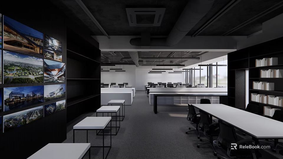 Modern Public Office Space With Open Layout Desks Chairs Display Wall And Large Windows 3d model 