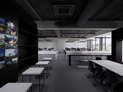 Modern Public Office Space With Open Layout Desks Chairs Display Wall And Large Windows 3d model