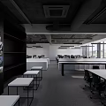 Modern Public Office Space With Open Layout Desks Chairs Display Wall And Large Windows