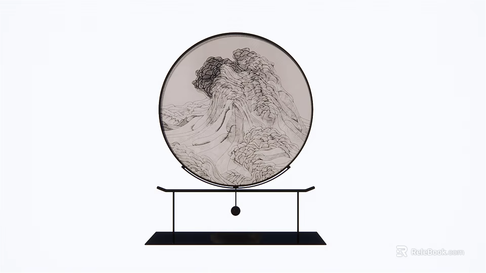 Decorative Ornament Set With Circular Mountain Wave Line Drawing And Black Metal Stand 3d model 