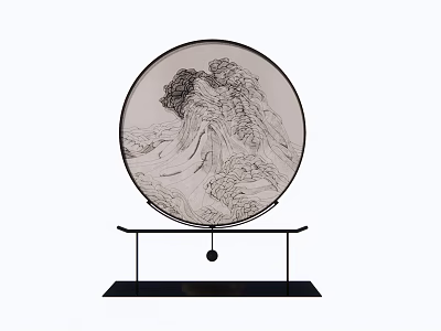 Decorative Ornament Set With Circular Mountain Wave Line Drawing And Black Metal Stand 3d model
