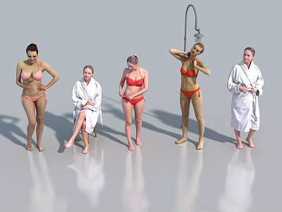 Group of Women in Bikini And Bathrobes At Shower Scene 3d model