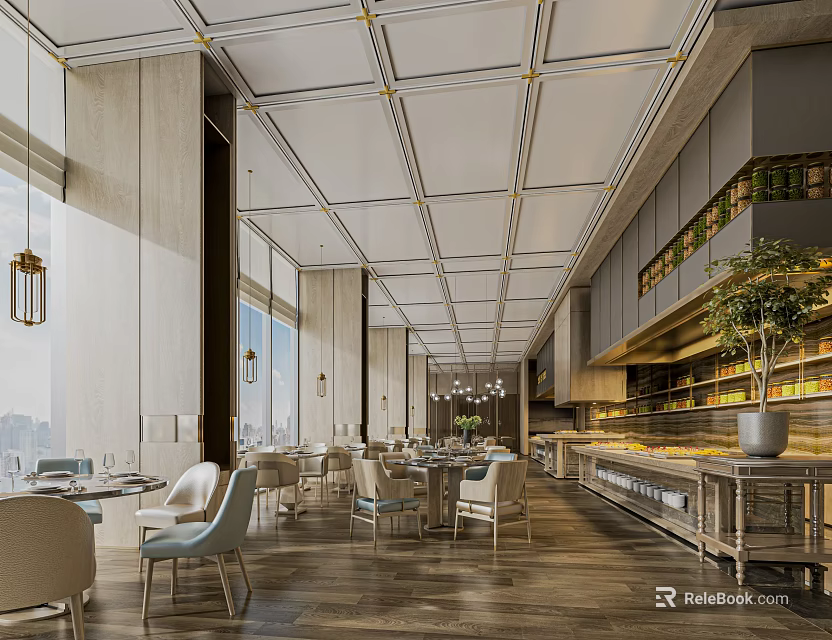 Elegant Modern Restaurant Interior With Dining Tables Chairs And Glass Display Cabinets 3d model 