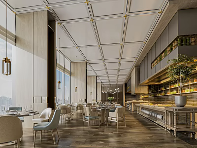 Elegant Modern Restaurant Interior With Dining Tables Chairs And Glass Display Cabinets 3d model
