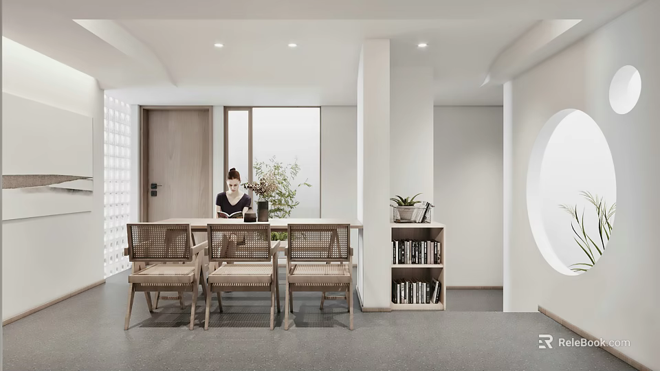 Modern Minimalist Restaurant Interior With Wooden Table Chairs Plants And Bookshelf 3d model 
