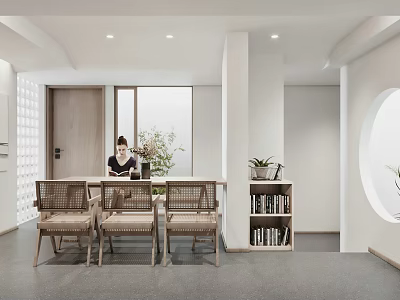 Modern Minimalist Restaurant Interior With Wooden Table Chairs Plants And Bookshelf 3d model