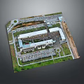 Cartoon Scene Aerial View of Building Complex with Parking Lots Green Areas and Roads